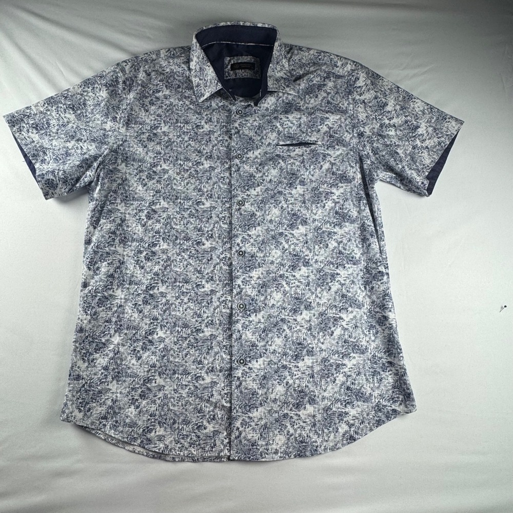 Giorginni Couture Mens XL Blue White Abstract Paisley Short Sleeve Button‎ Down